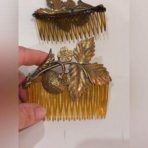 Vintage Brass Strawberry Leaf Hair Comb Set Amber Plastic, Victorian Revival